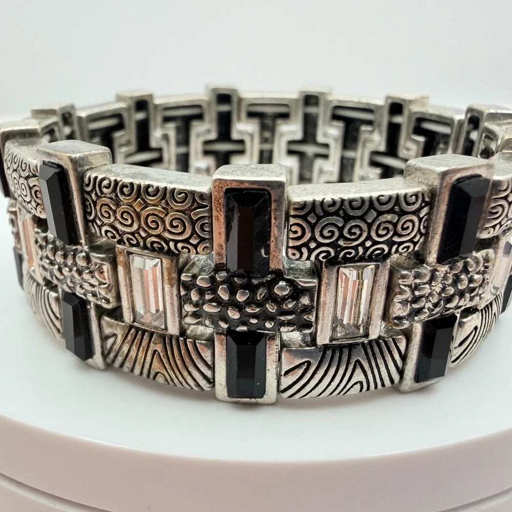 Vintage 90s‎ Silver Tone Black Glass Textured Stretch Bracelet Women's Jewelry